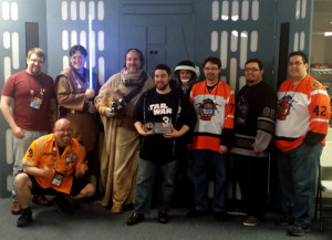 L-R: Sam Stewart, "GM Phil" Maiewski (Alderaan Base, kneeling), Jon Stevens, Chris Bradshaw (Kessel Base), Rodney Thompson, Darkrider (Kessel Base), Sterling Hershey, "GM Chris" Witt and "GM Dave" Villegas (Friends of the Rebellion). Photo courtesy Sterling Hershey.