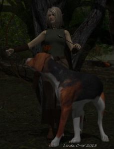 Talora and her faithful hound Swift in Thedas' wilderness.